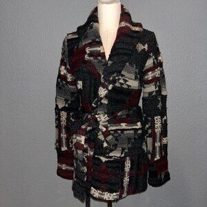 RALPH LAUREN HAND KNIT CASHMERE BLEND BLACK & WINE BELTED CARDIGAN SWEATER - M